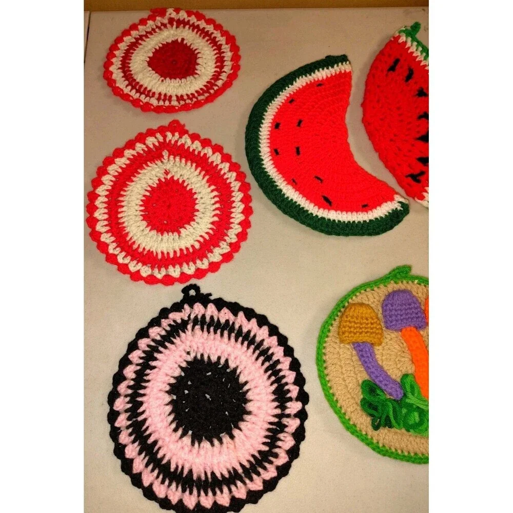 Vintage Crochet Potholder Lot (9) - Handmade Fruit, Mushroom & Floral Trivets